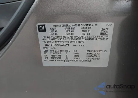 2012 GMC Terrain Sle-2 z USA, uszkodzony, nr VIN 2GKFLTE52C6245924